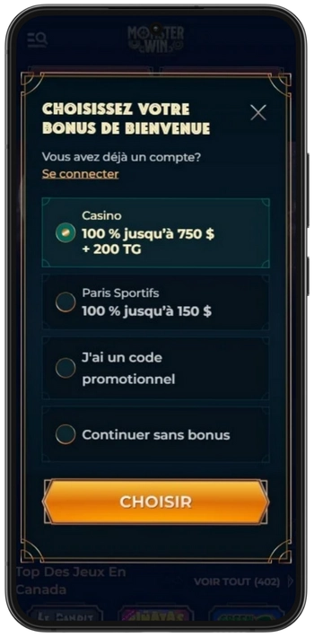 Sélectionnez le bonus de bienvenue Monsterwin